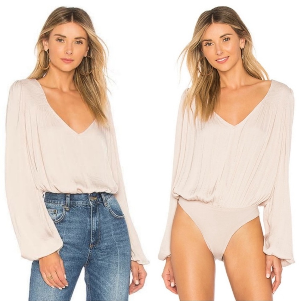 Free People Smockin N Rockin Smocked V-Neck Bodysuit in Champagne Size Large